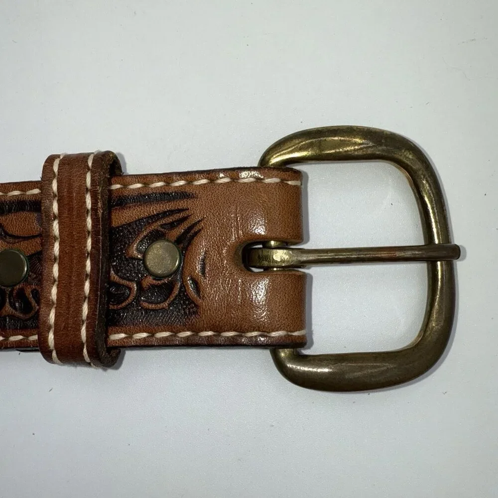 Vintage Leather Men’s Belt Tooled Horse Design Sz 36